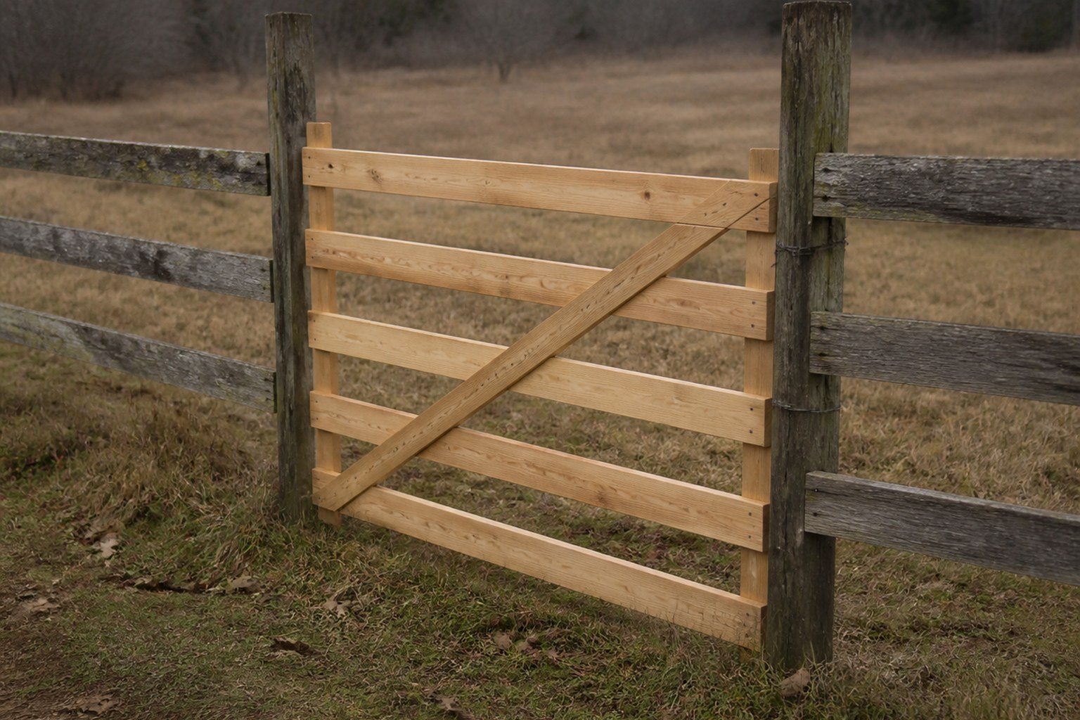 A field fence with one panel newly repaired in bright timber among weathered posts