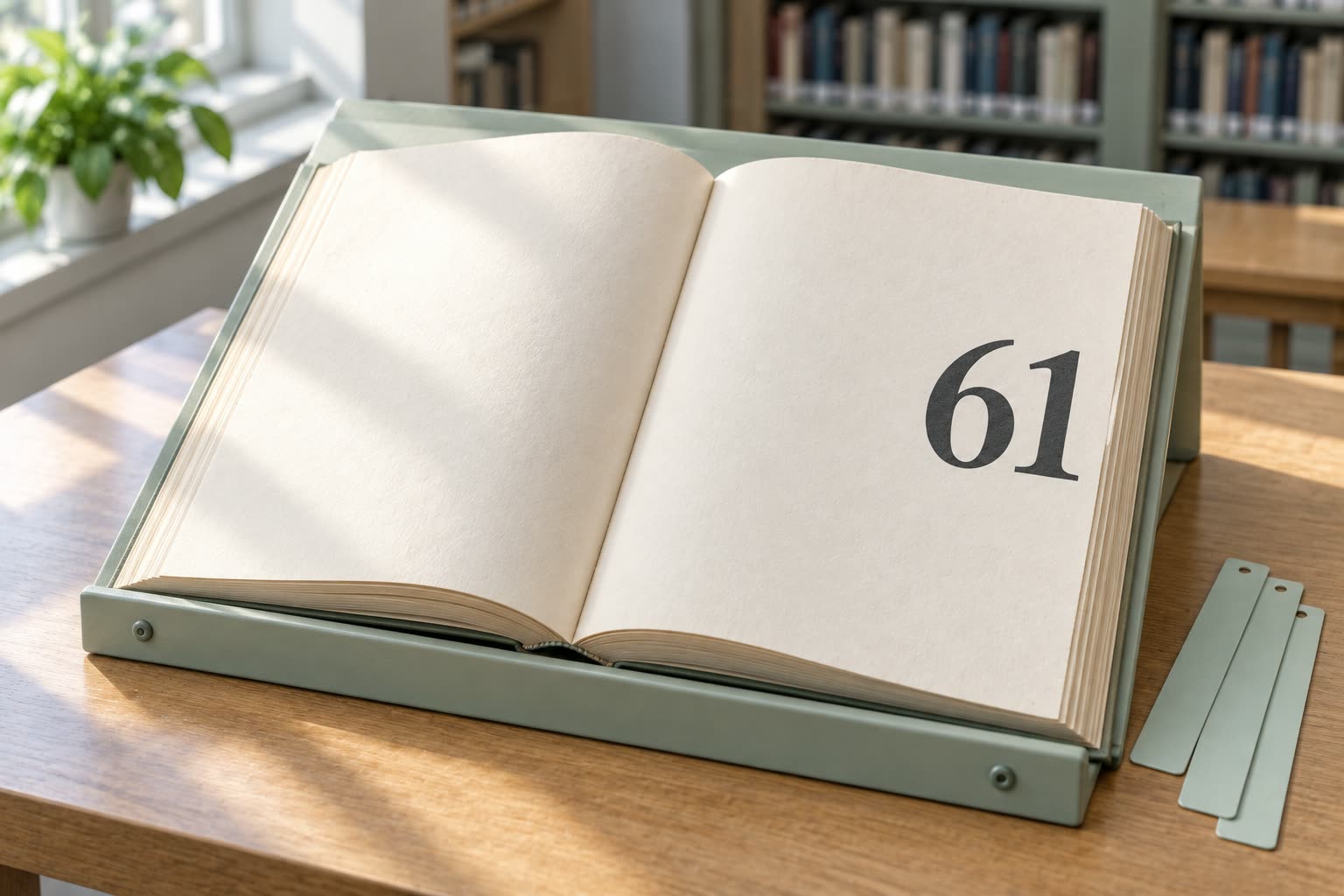 An open blank reference book displays 61 beside three mint-colored bookmarks.
