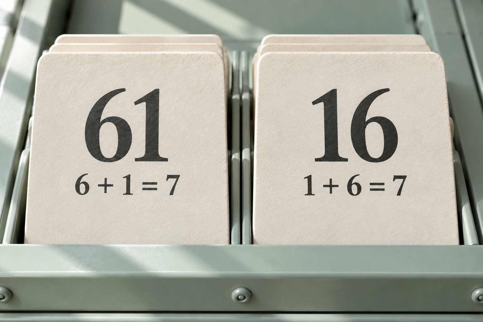 Paired catalog dividers show 61 with 6 + 1 = 7 and 16 with 1 + 6 = 7.