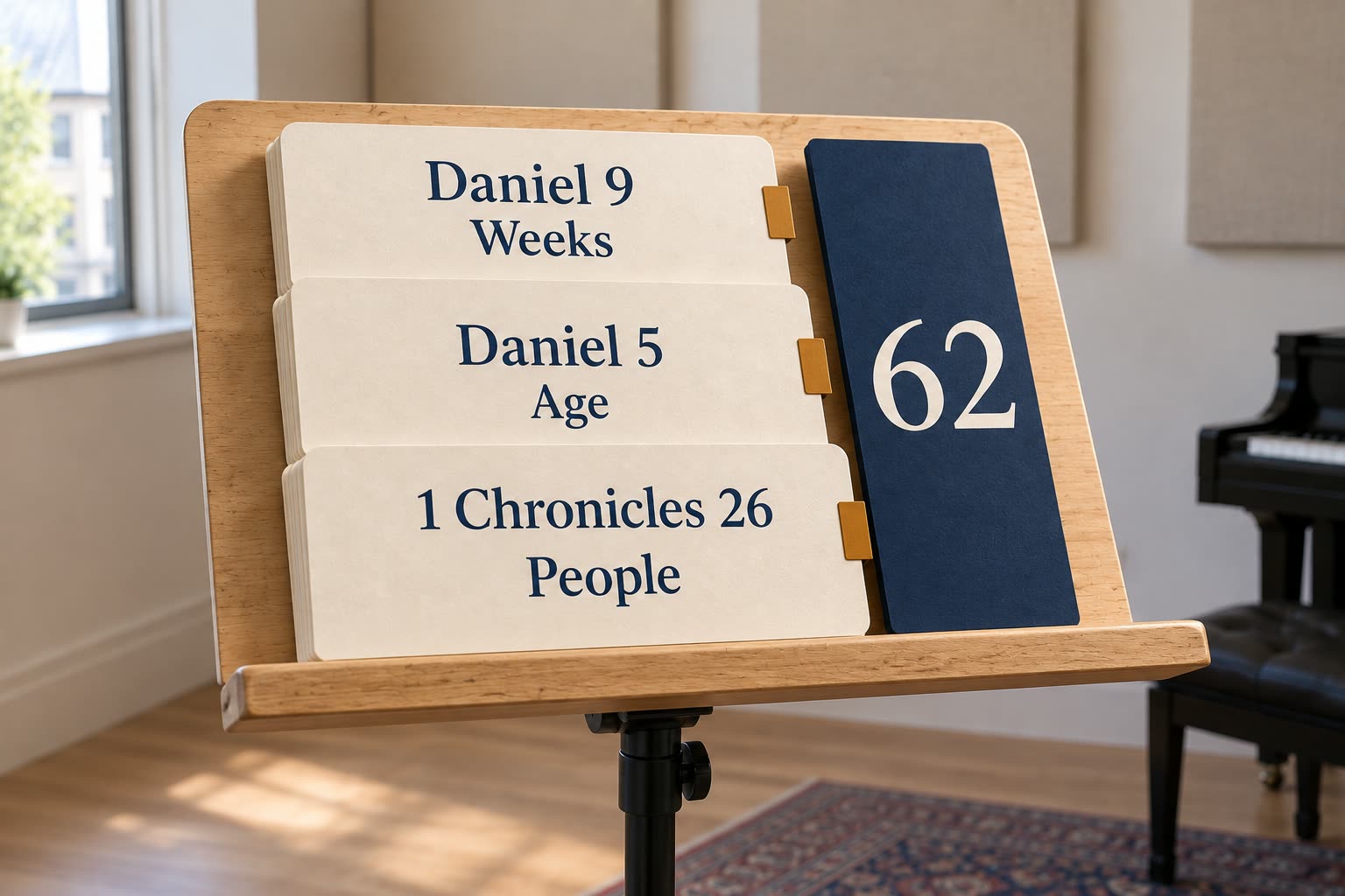 Three contemporary reference tabs read Daniel 9 Weeks, Daniel 5 Age and 1 Chronicles 26 People.