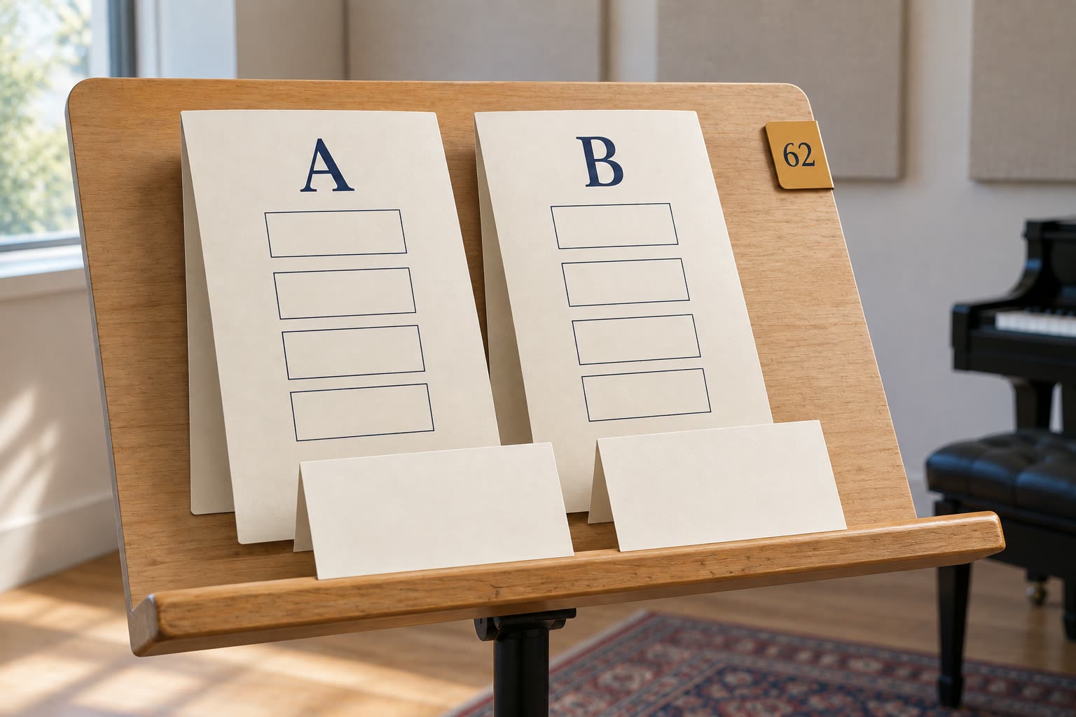 Two blank rehearsal schedules marked A and B sit beside separate blank agreement cards and a small 62 tab.