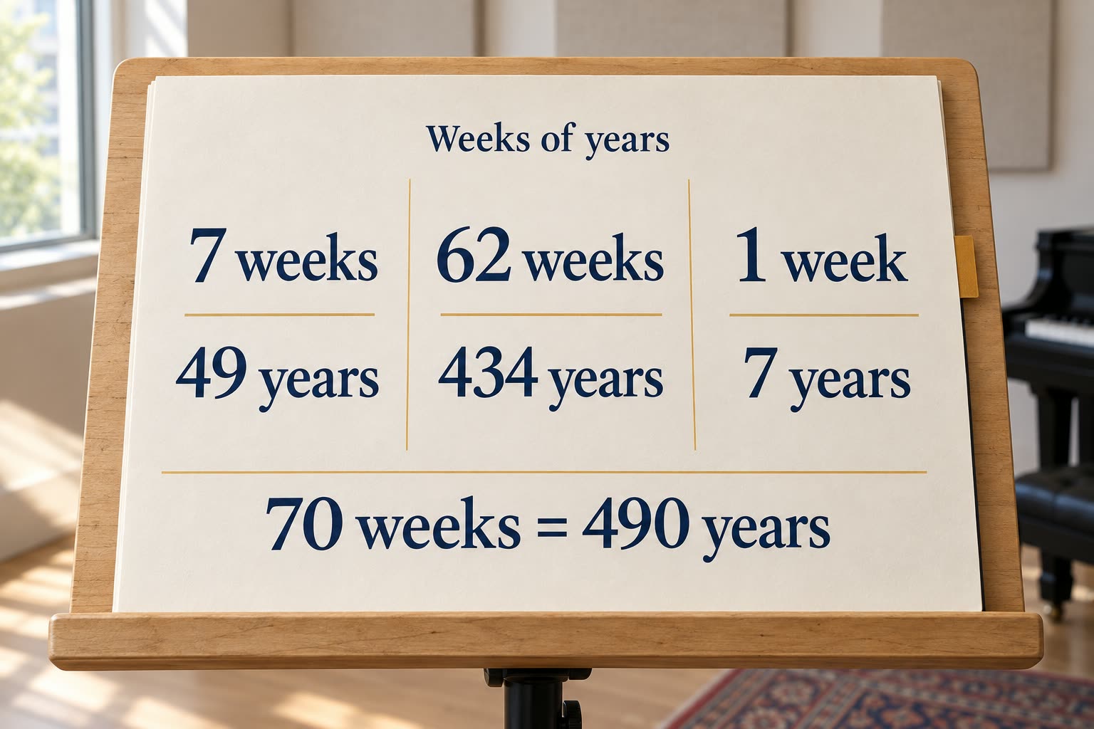 A modern teaching folio labels three portions 7, 62 and 1, with year totals 49, 434 and 7.