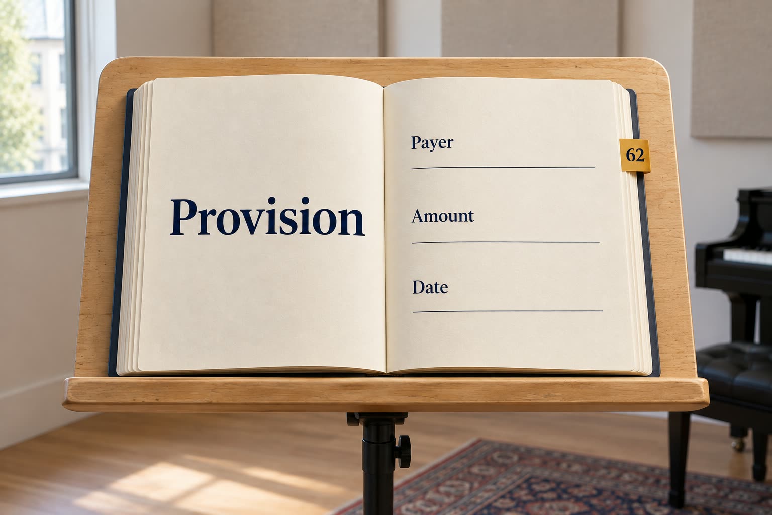A contemporary folio labeled Provision faces three blank fields labeled Payer, Amount and Date beside a 62 tab.