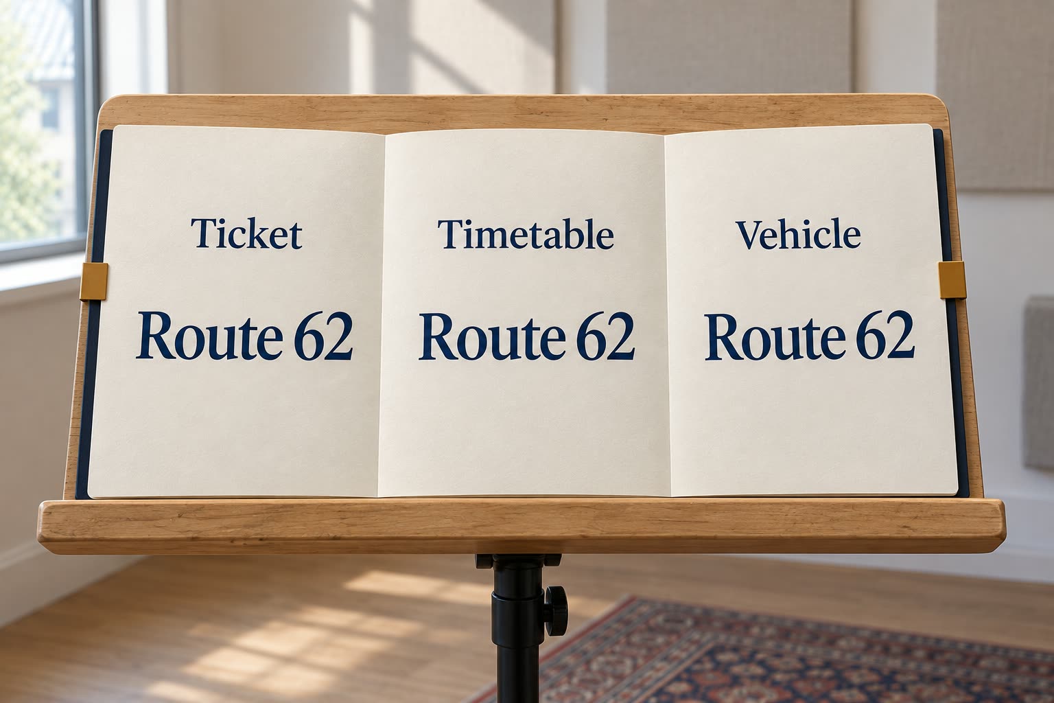 Three modern rehearsal-room reference slips show the same Route 62 label under Ticket, Timetable and Vehicle.