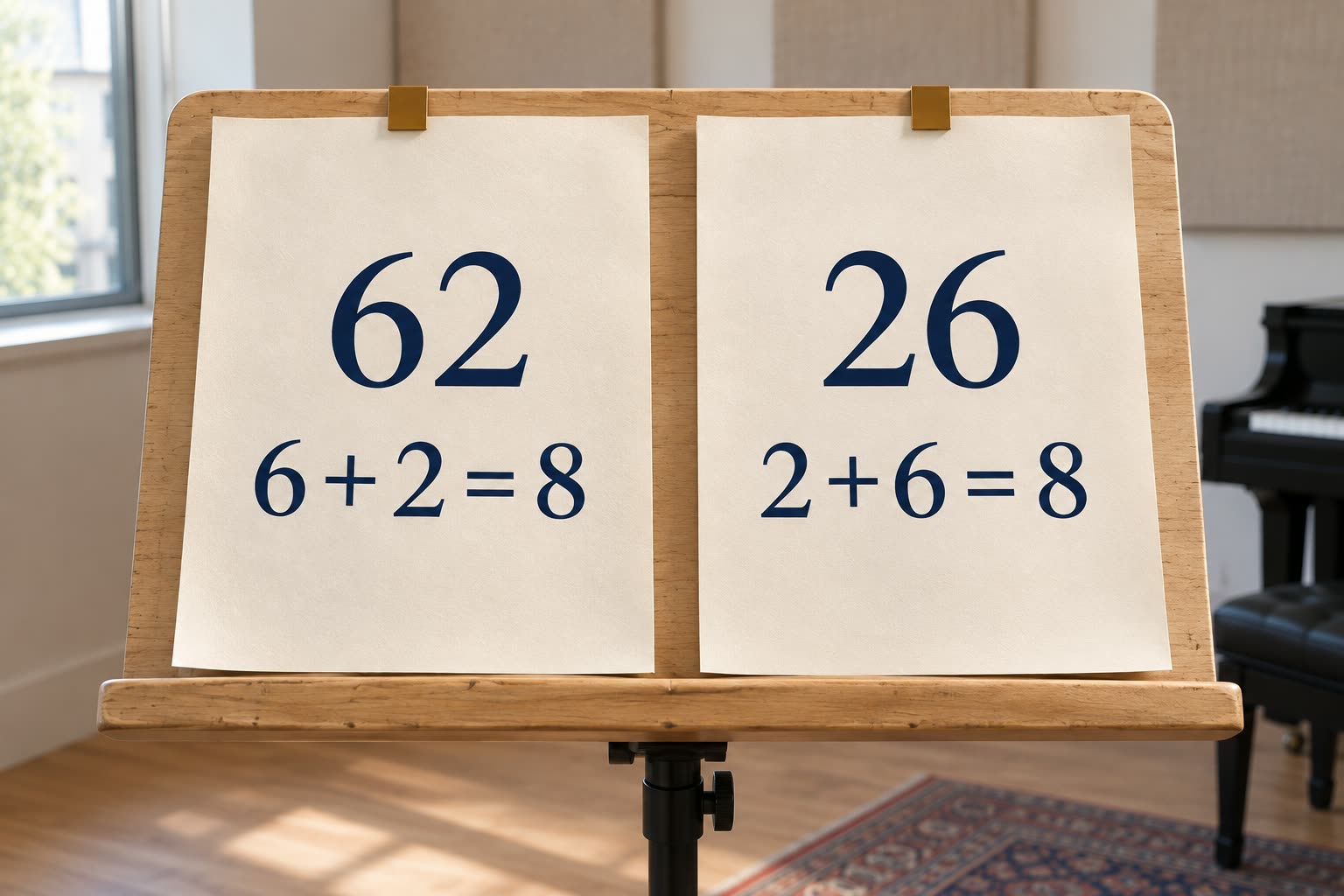 Two pages on a contemporary music stand show 6 + 2 = 8 and 2 + 6 = 8.
