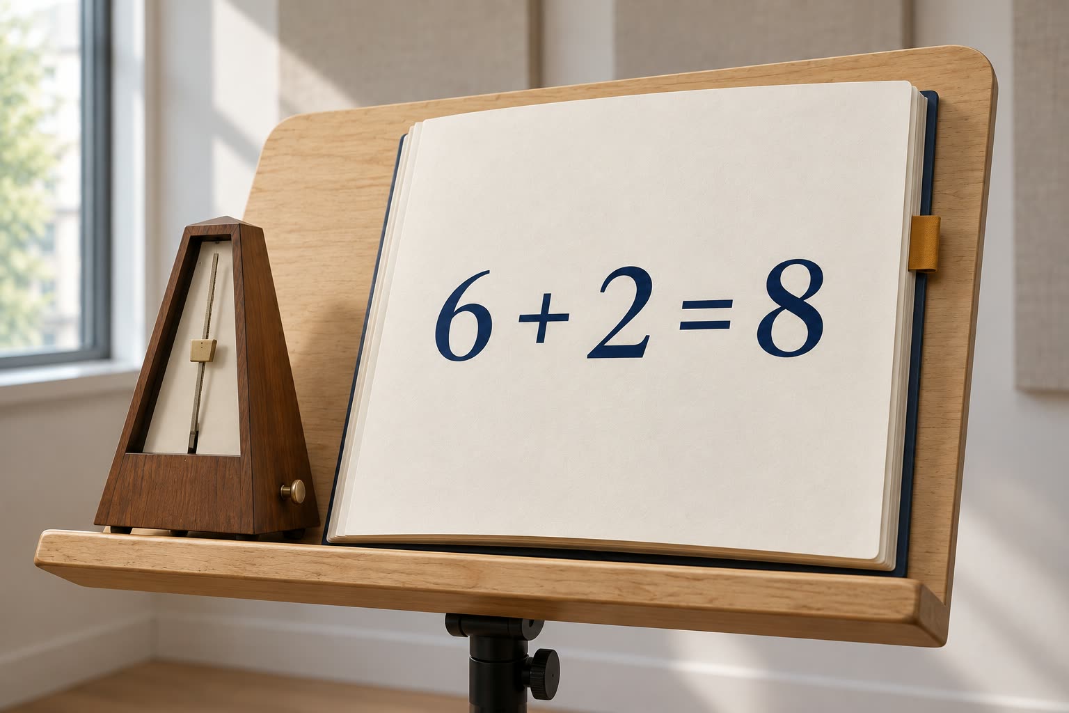 A contemporary rehearsal folio shows 6 + 2 = 8 beside a wooden mechanical metronome.