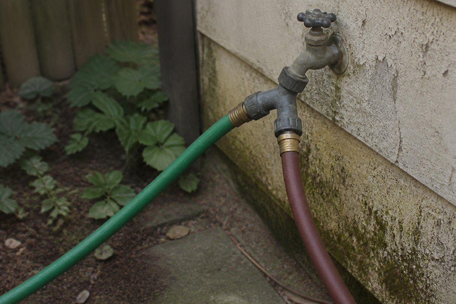 Two garden hoses joined to one outdoor tap by a splitter, running off in different directions