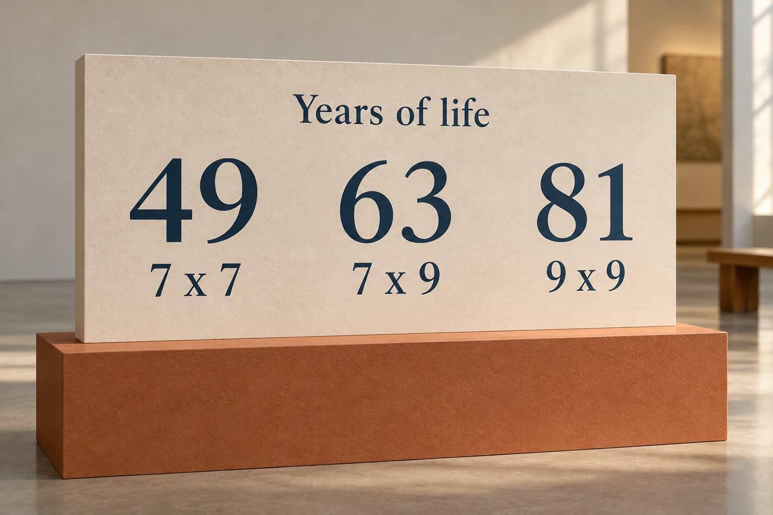 A contemporary display compares years 49, 63 and 81 with the products 7 x 7, 7 x 9 and 9 x 9.
