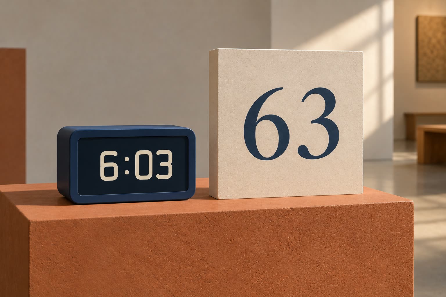 A digital display reading 6:03 stands beside a separate printed panel marked 63.