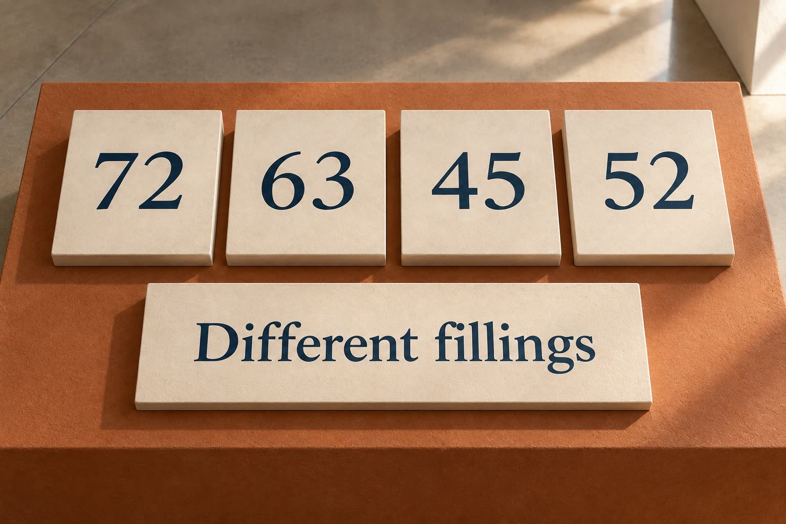 Four ivory display tiles carry 72, 63, 45 and 52 above a Different fillings label.