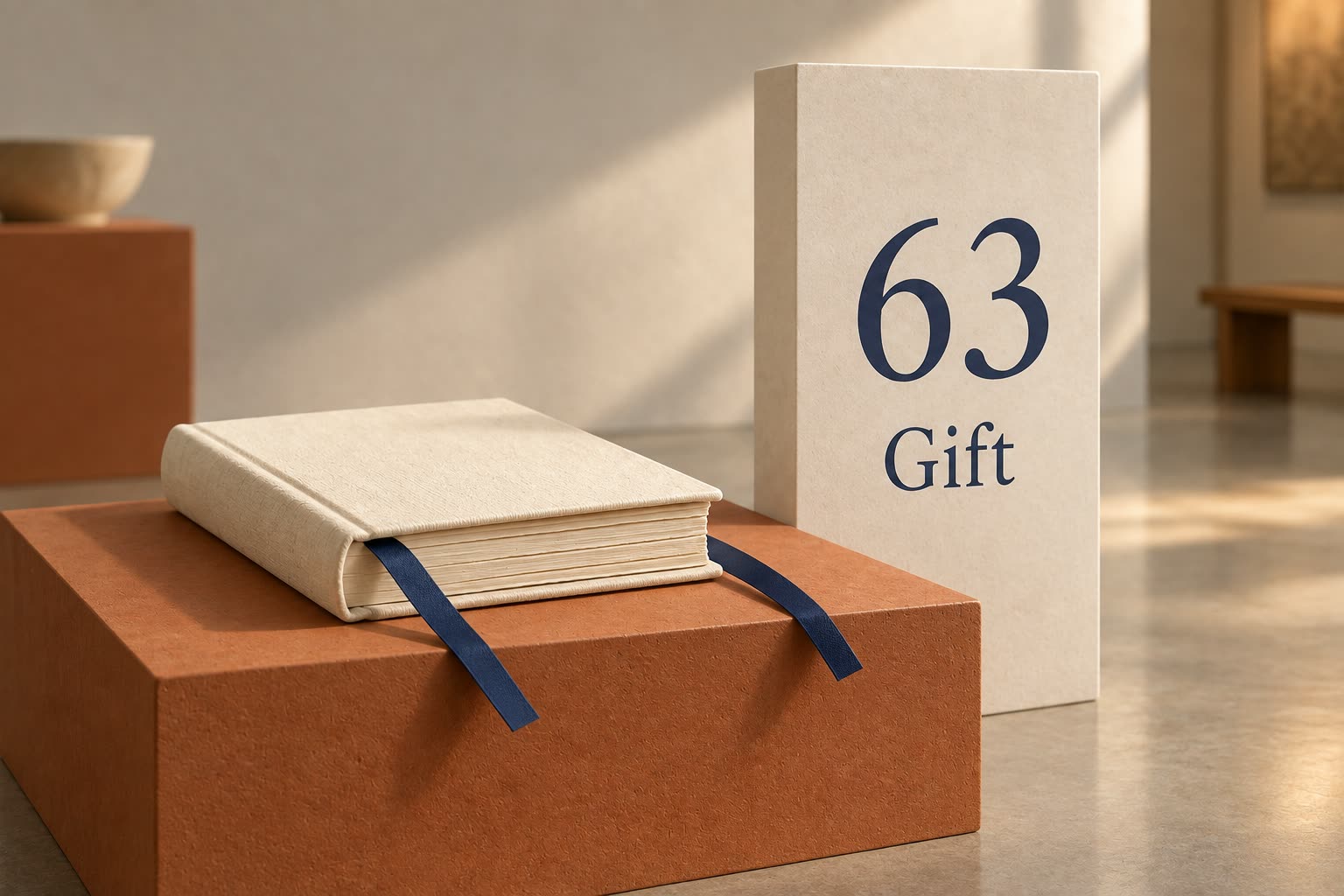 A plain ivory book with an untied navy ribbon sits beside a museum display labeled 63 Gift.