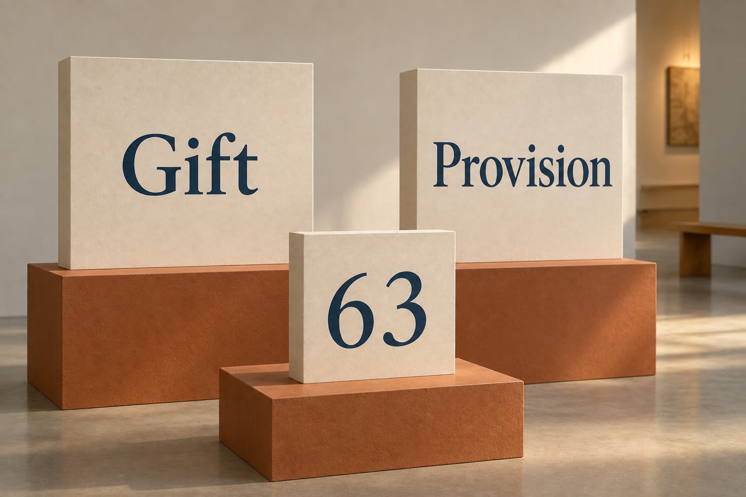 Separate museum panels read Gift and Provision behind a smaller panel marked 63.