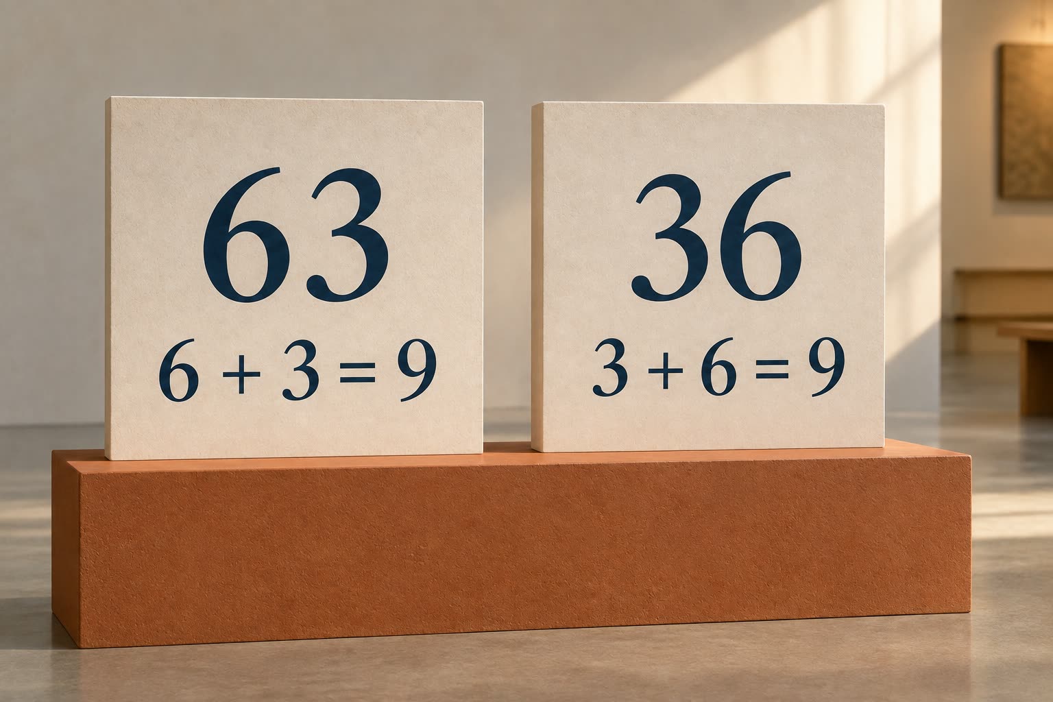 Two gallery panels show 63 with 6 + 3 = 9 and 36 with 3 + 6 = 9.