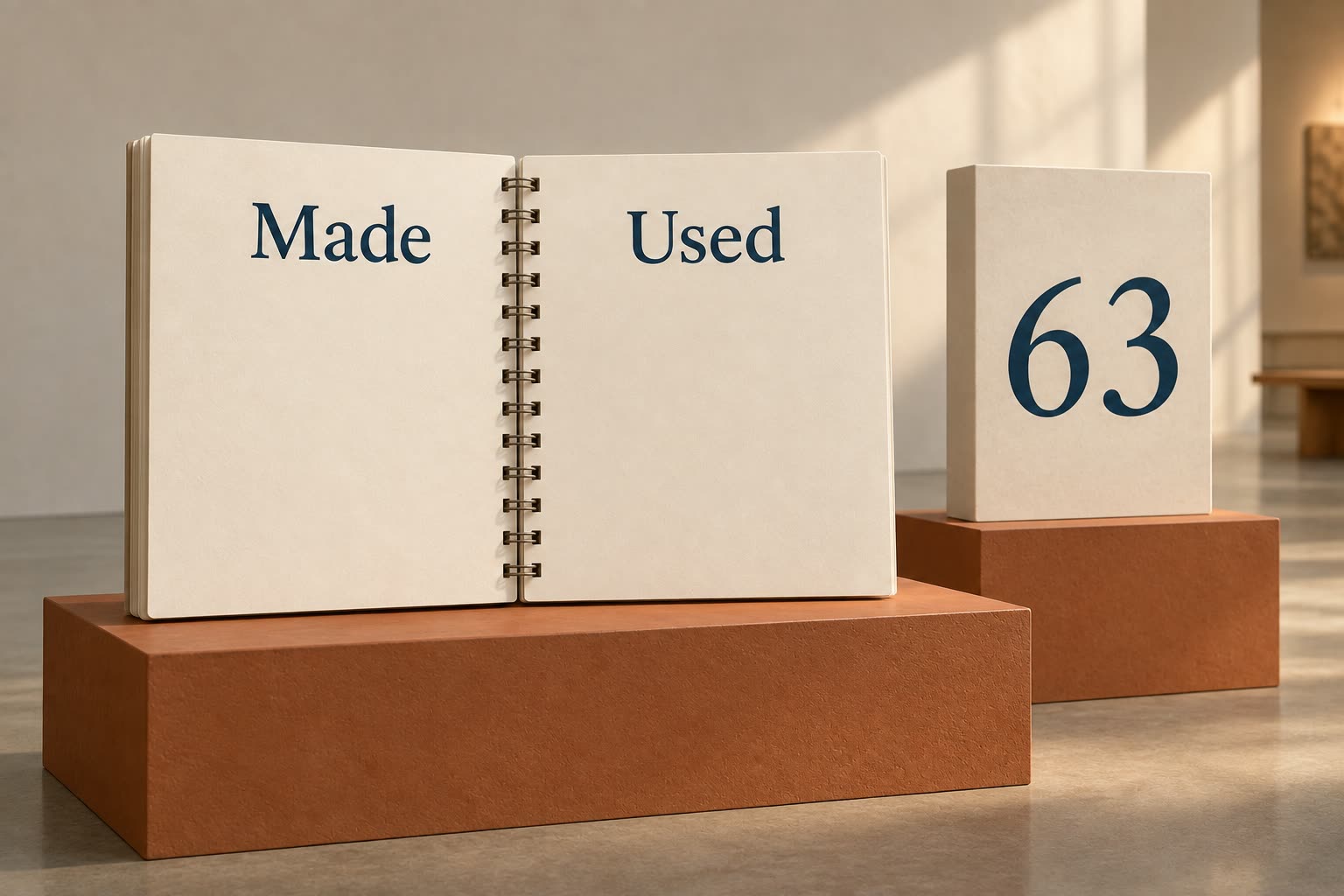 An open ivory flipbook has blank pages labeled Made and Used beside a panel marked 63.