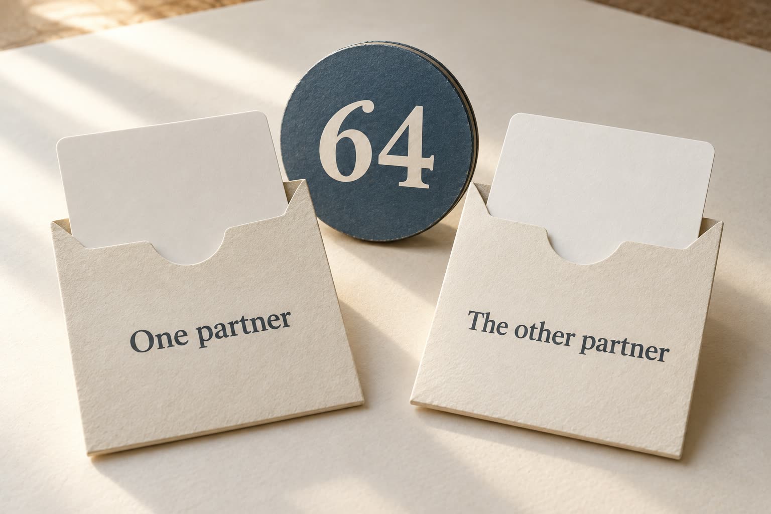 Separate blank cards in sleeves labeled One partner and The other partner sit beside 64.