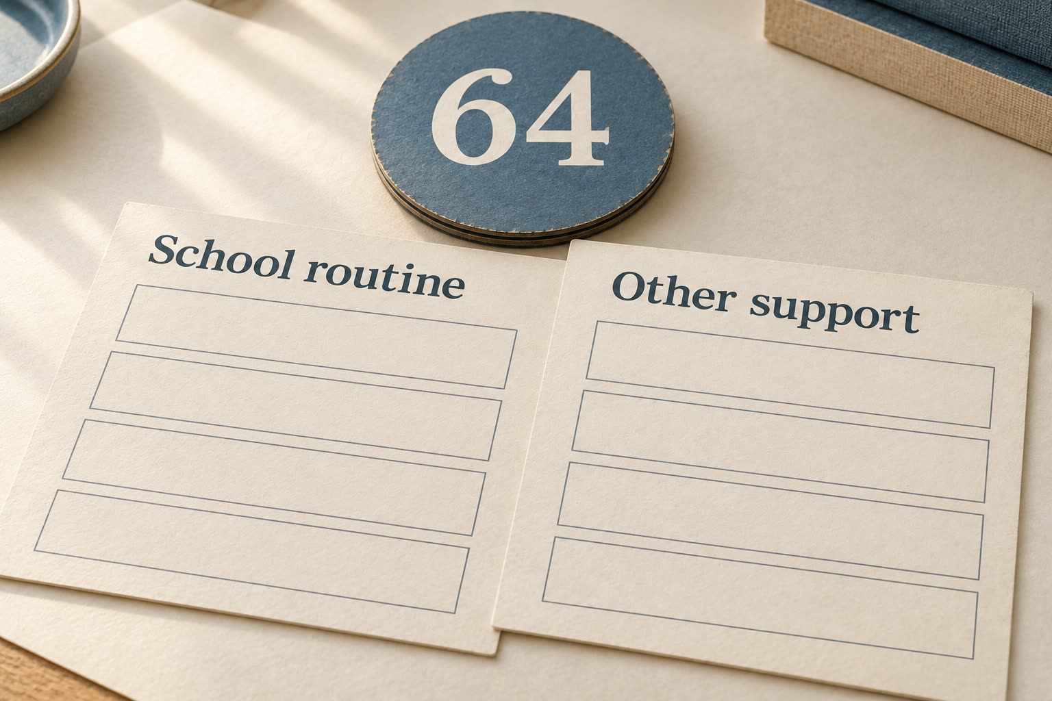 Two sheets labeled School routine and Other support sit beneath a disc marked 64.