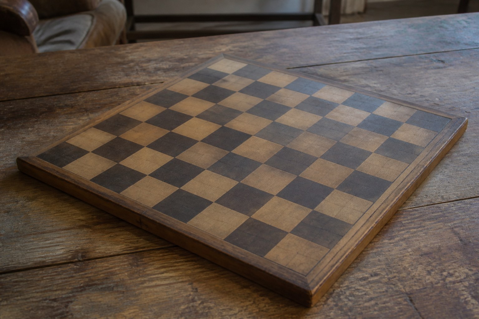 A wooden chessboard set out with no pieces on it, side light raking the squares