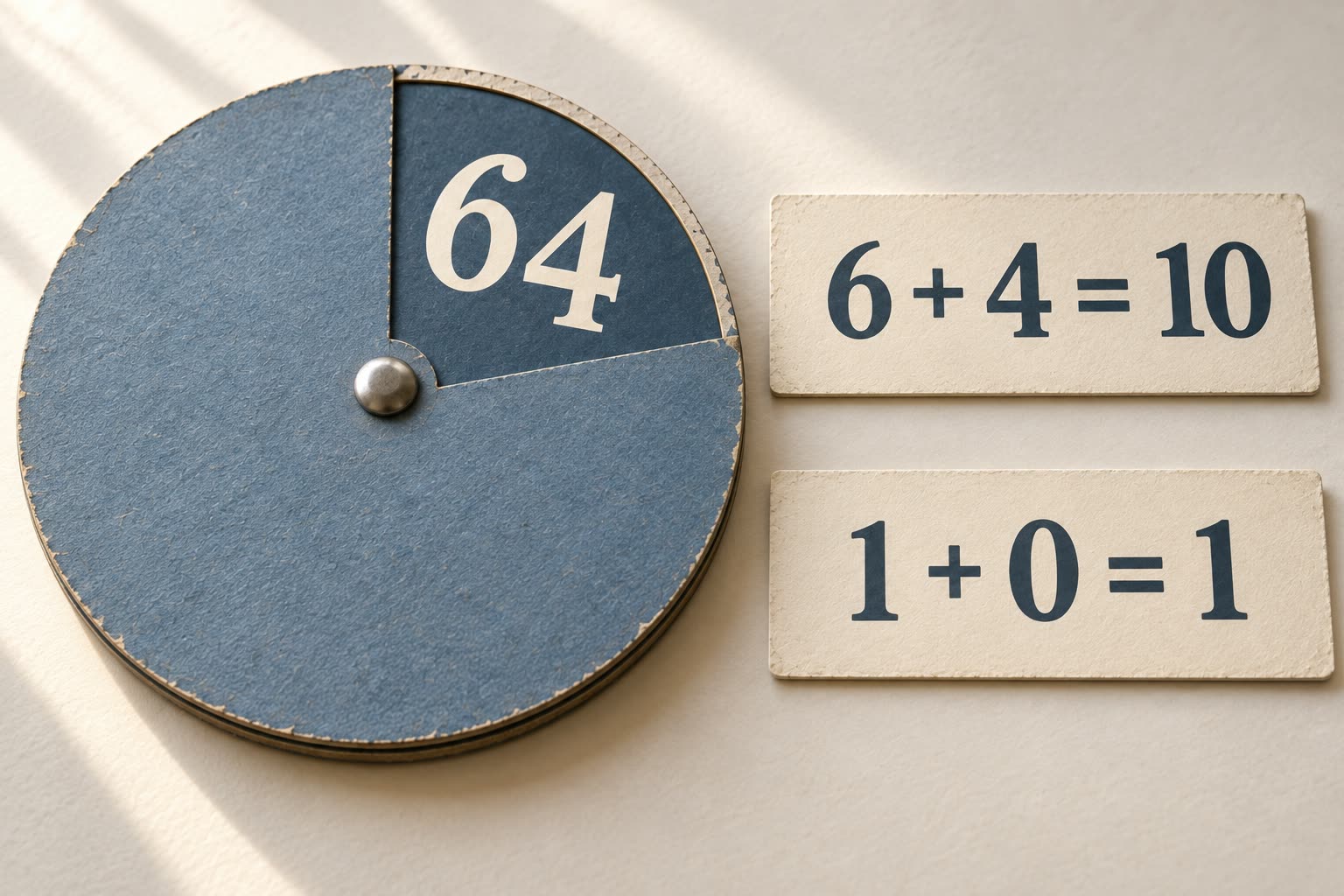 A blue-gray wheel marked 64 sits beside the calculations 6 + 4 = 10 and 1 + 0 = 1.
