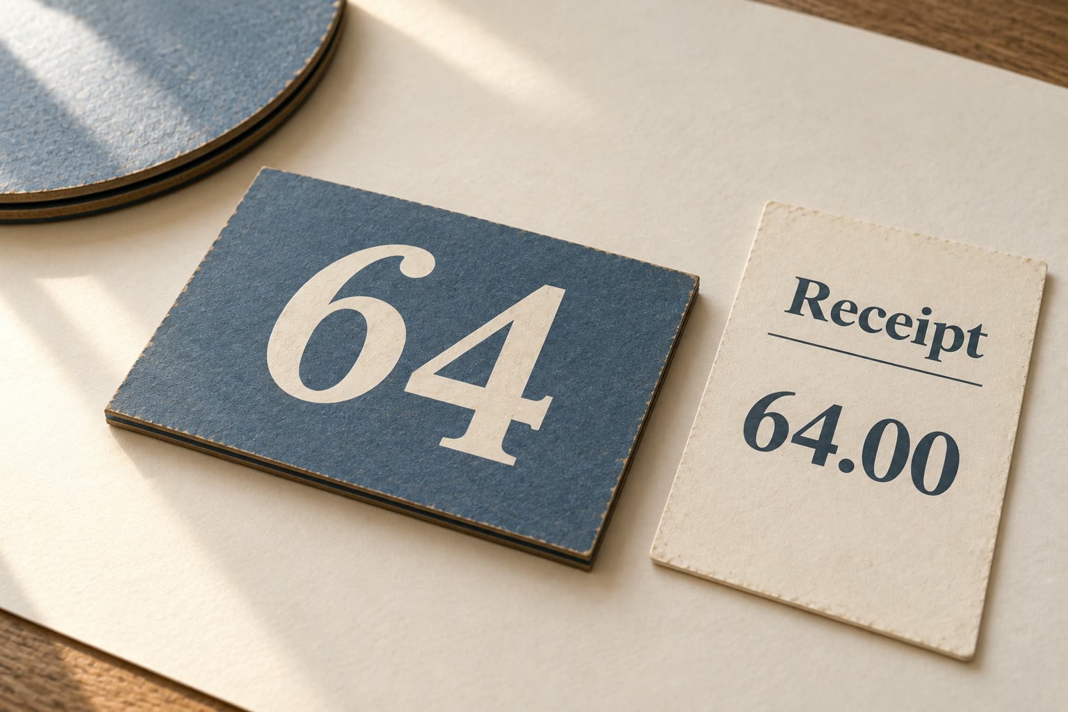 A fixed plaque marked 64 sits beside a receipt display of 64.00.