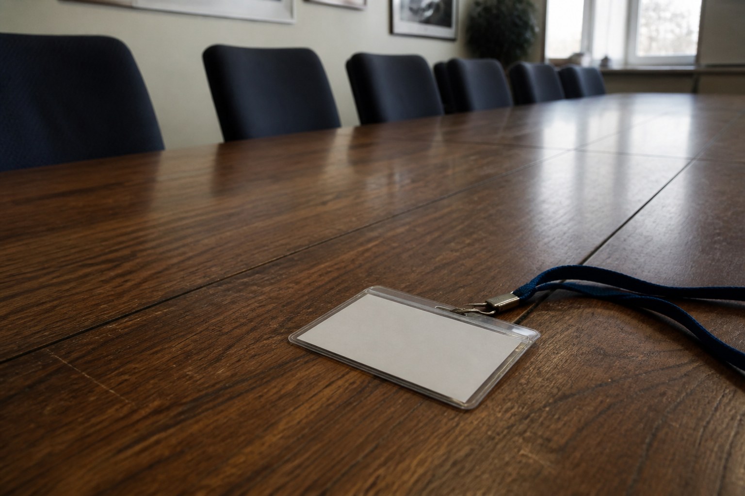 A single blank name badge lying on a long empty meeting table