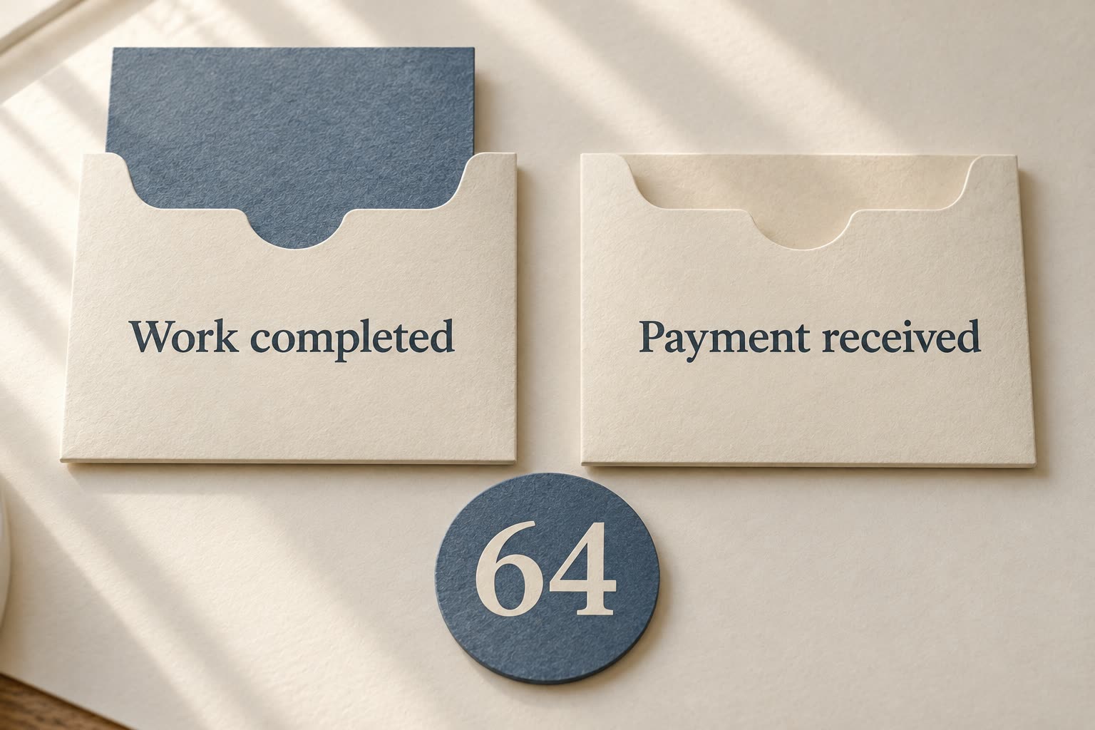 A filled sleeve labeled Work completed and an empty Payment received sleeve sit above 64.