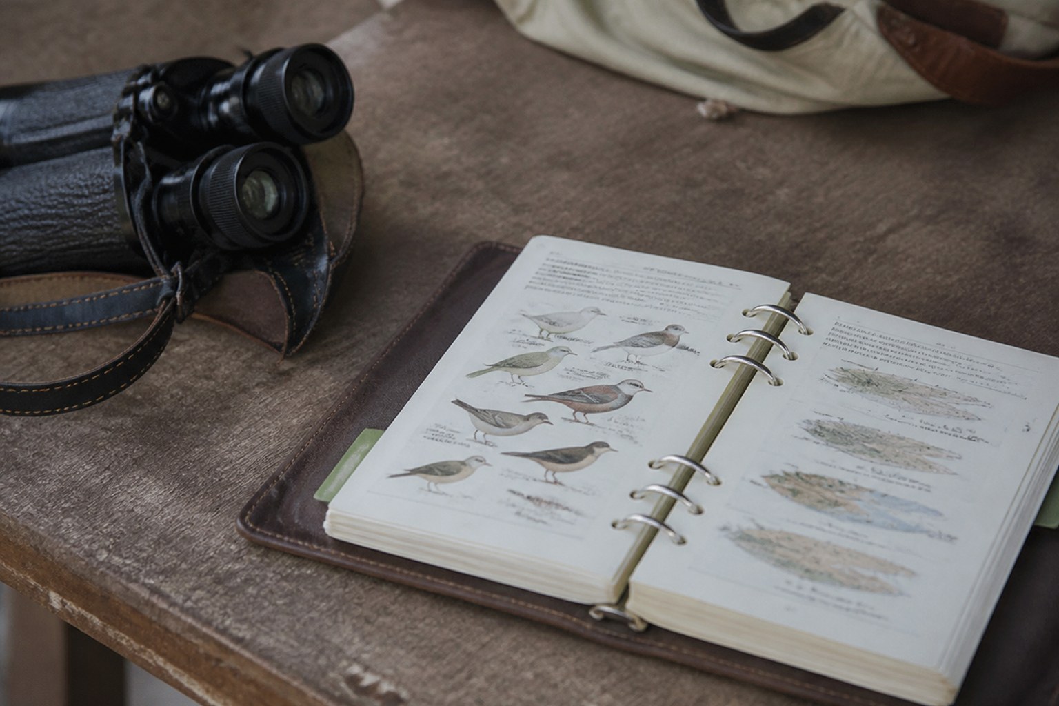 A small ring-bound reference book open beside a pair of binoculars