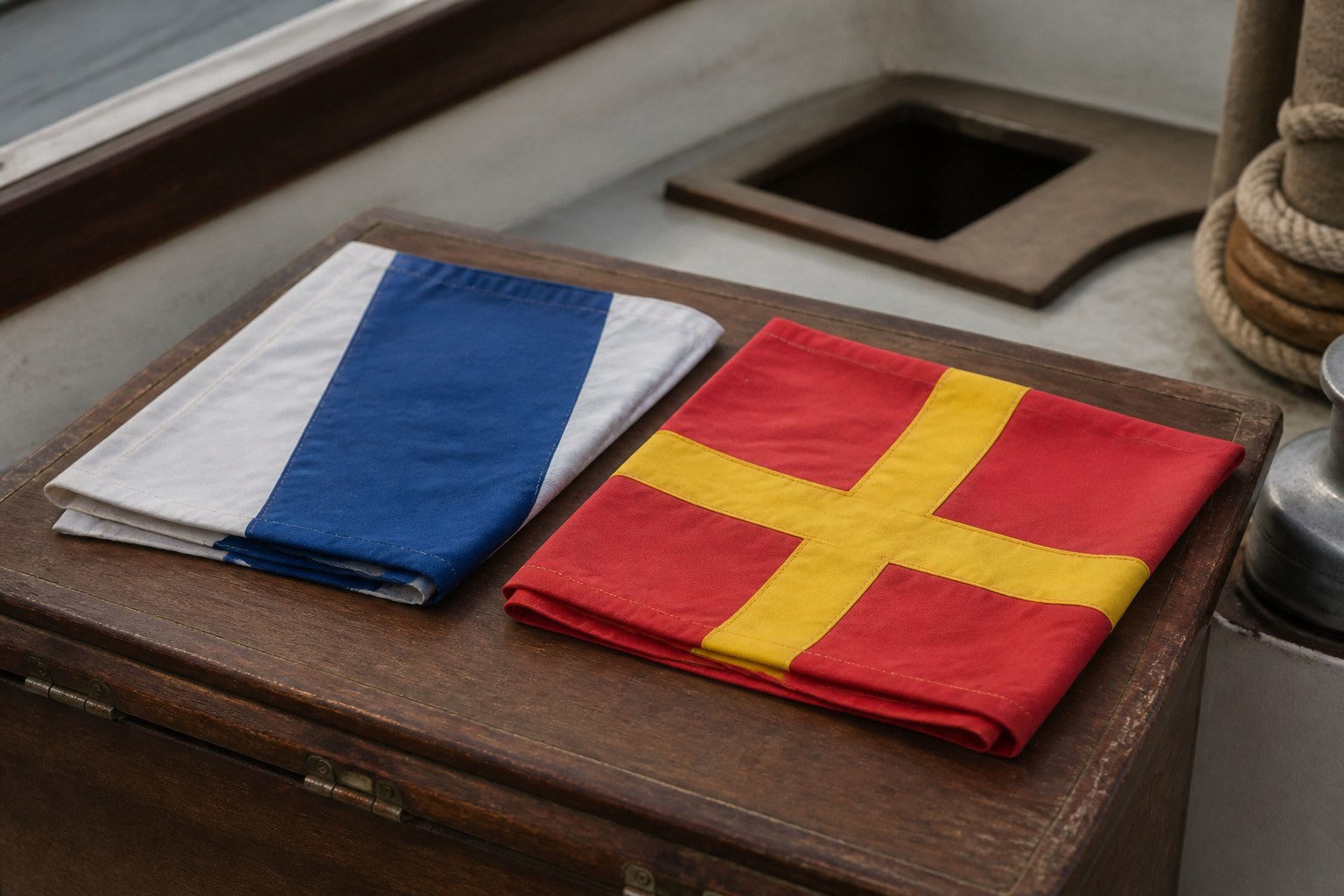 Two folded signal flags lying on a wooden locker lid on a boat deck