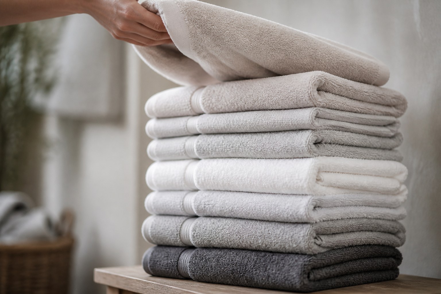 A tall stack of clean folded towels with the top one being lifted away