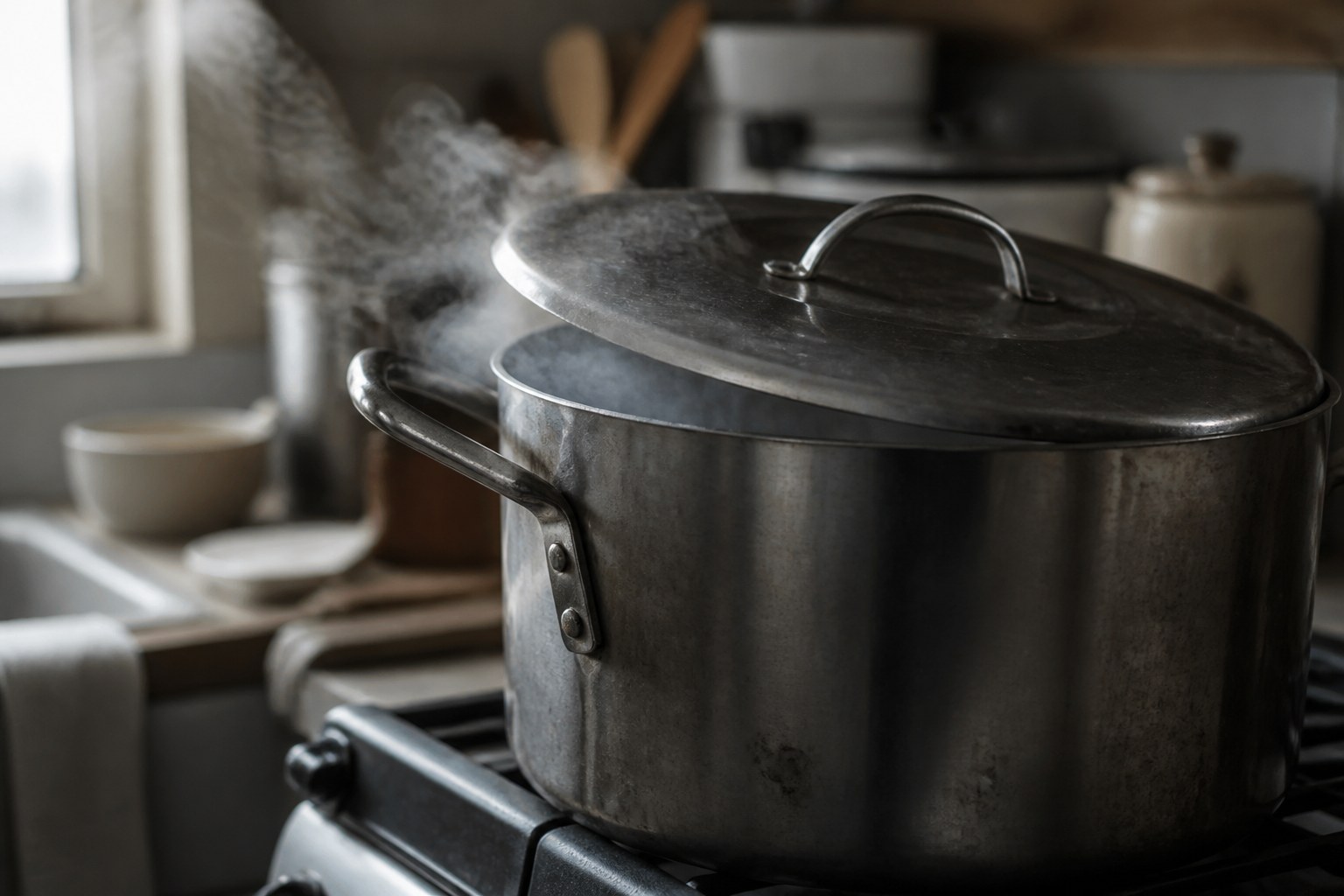 A large family sized cooking pot on a stove with the lid tilted and steam escaping at the gap