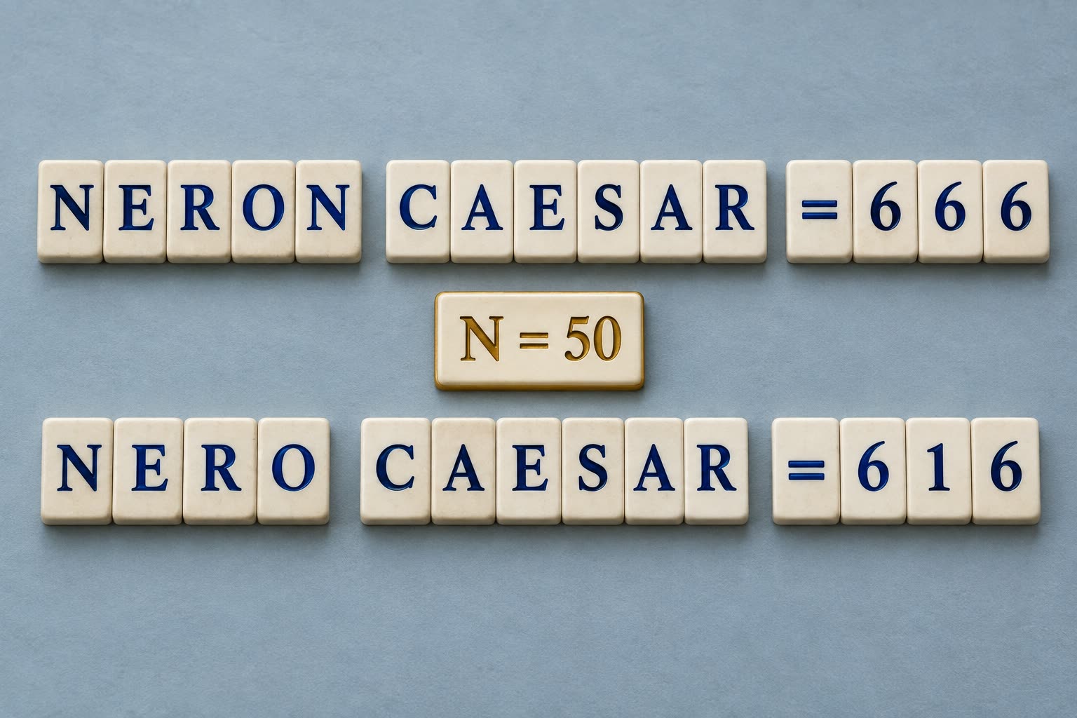 Two rows of letter tiles compare Neron Caesar totaling 666 with Nero Caesar totaling 616