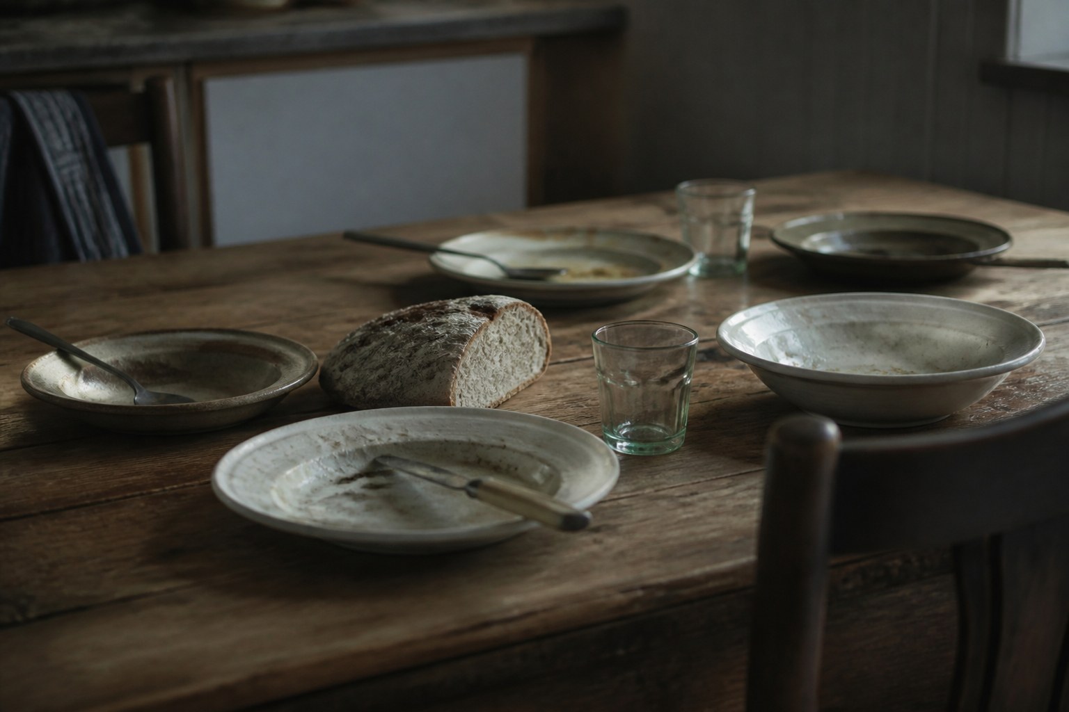A kitchen table laid with worn everyday plates and a heel of bread