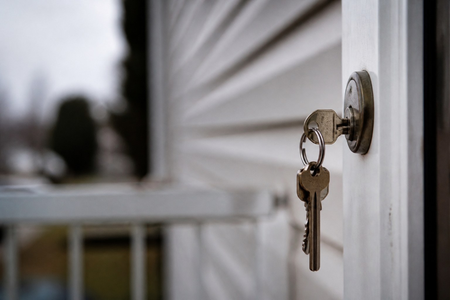 A set of house keys left in the outside of a lock