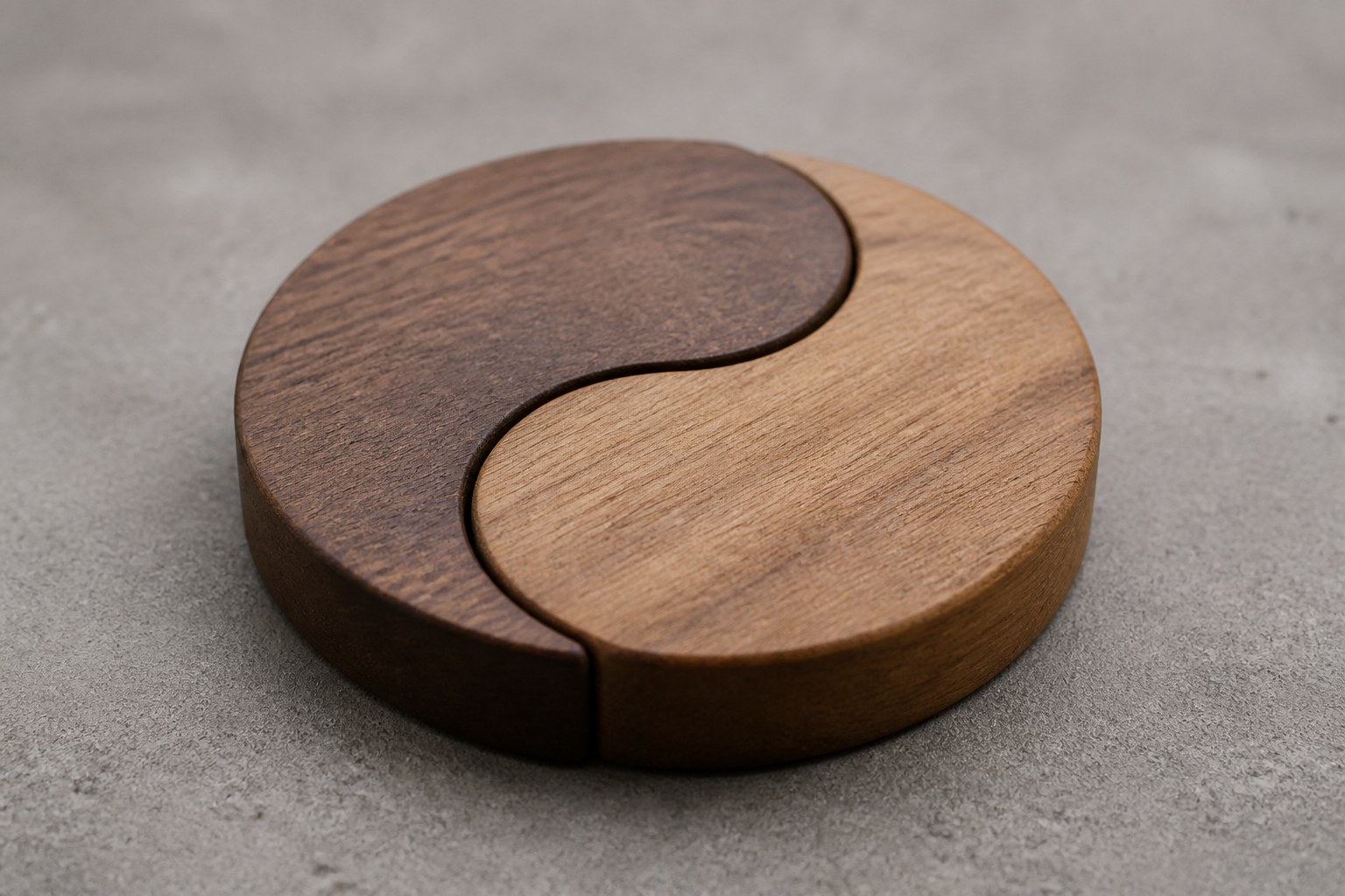 Two curved wooden pieces fitted together into a single disc on a plain surface