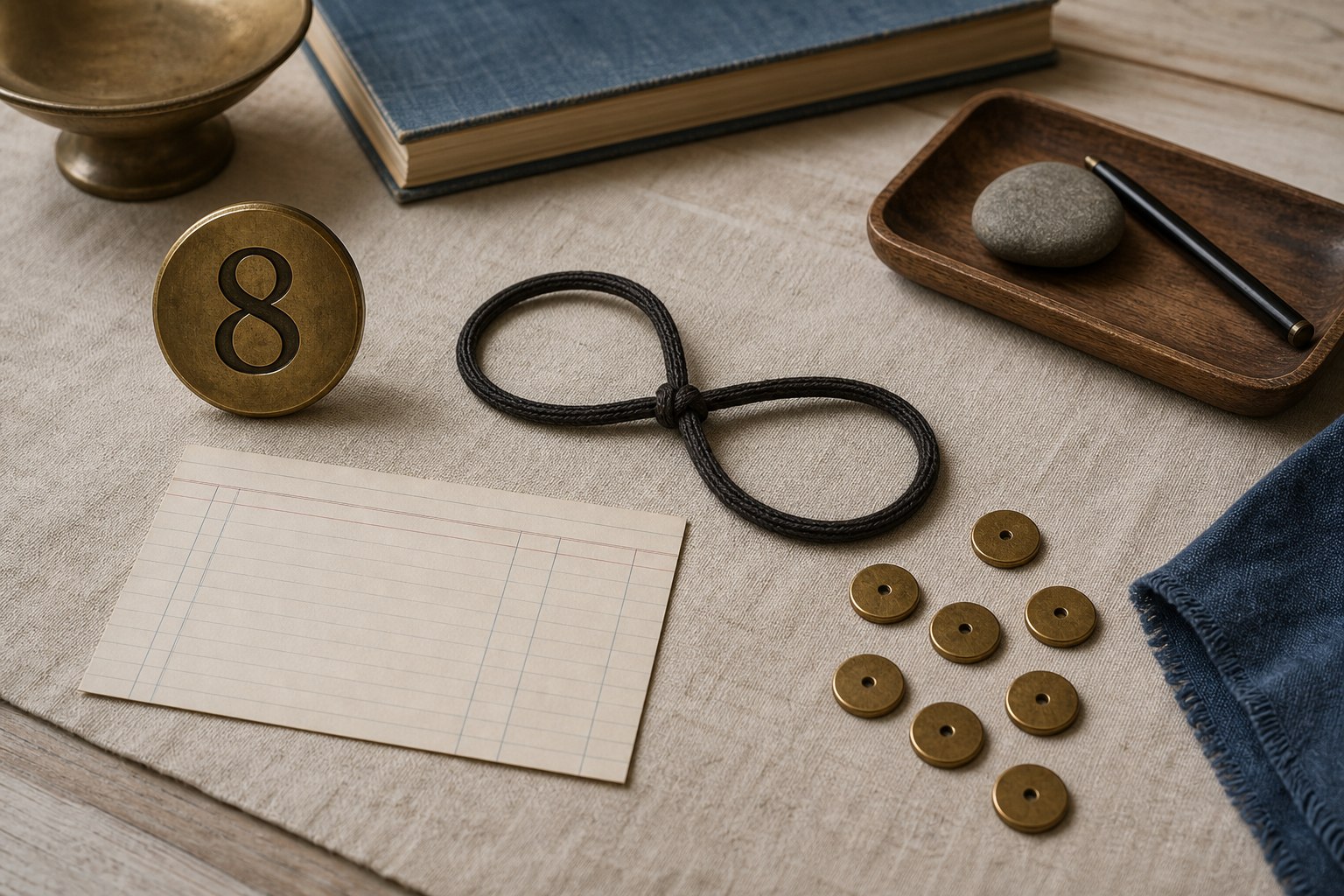 Open blank journal with a brass marker numbered 7 and a pencil