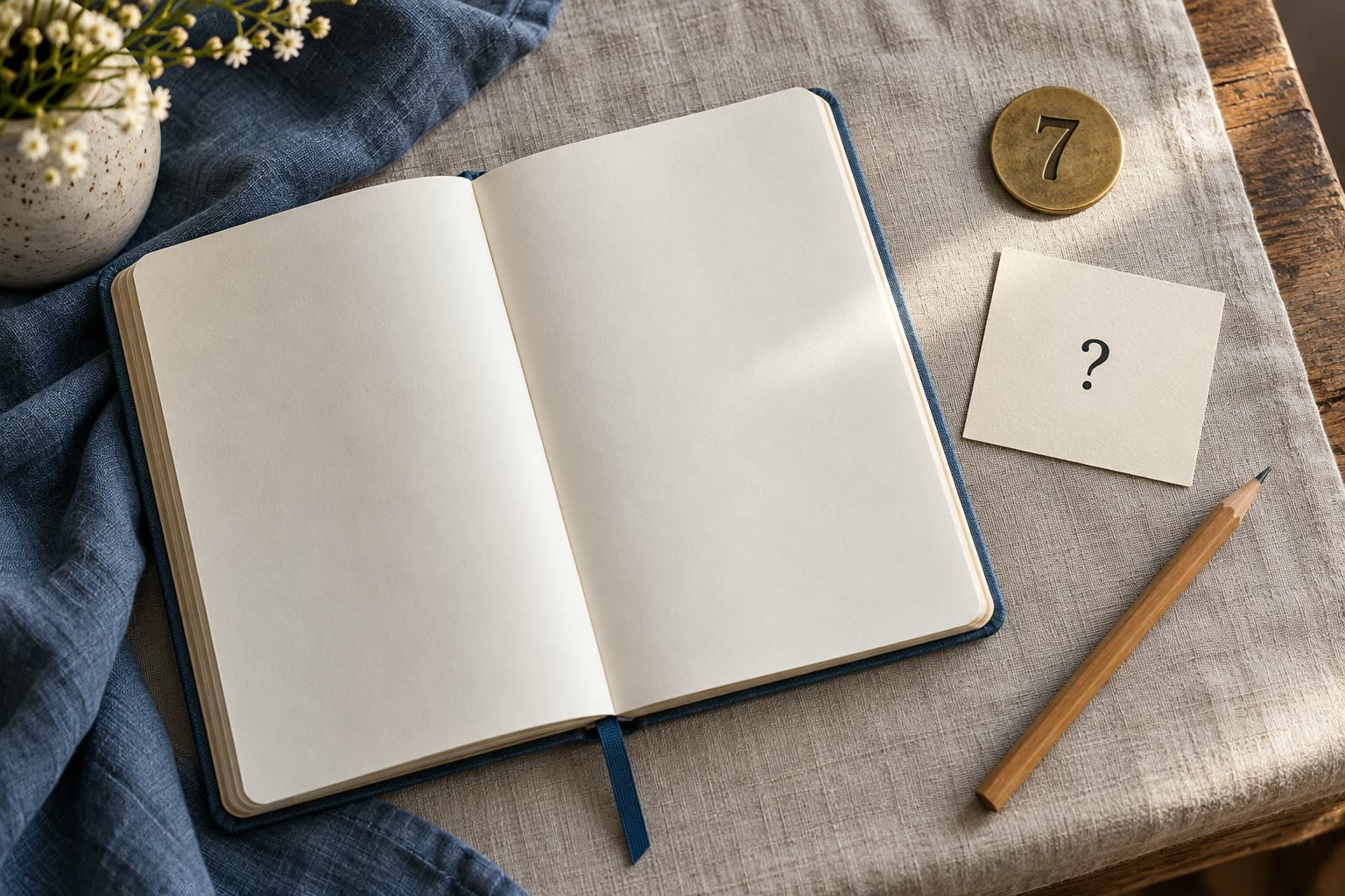Open blank journal with one question card, a pencil and a brass marker numbered 7