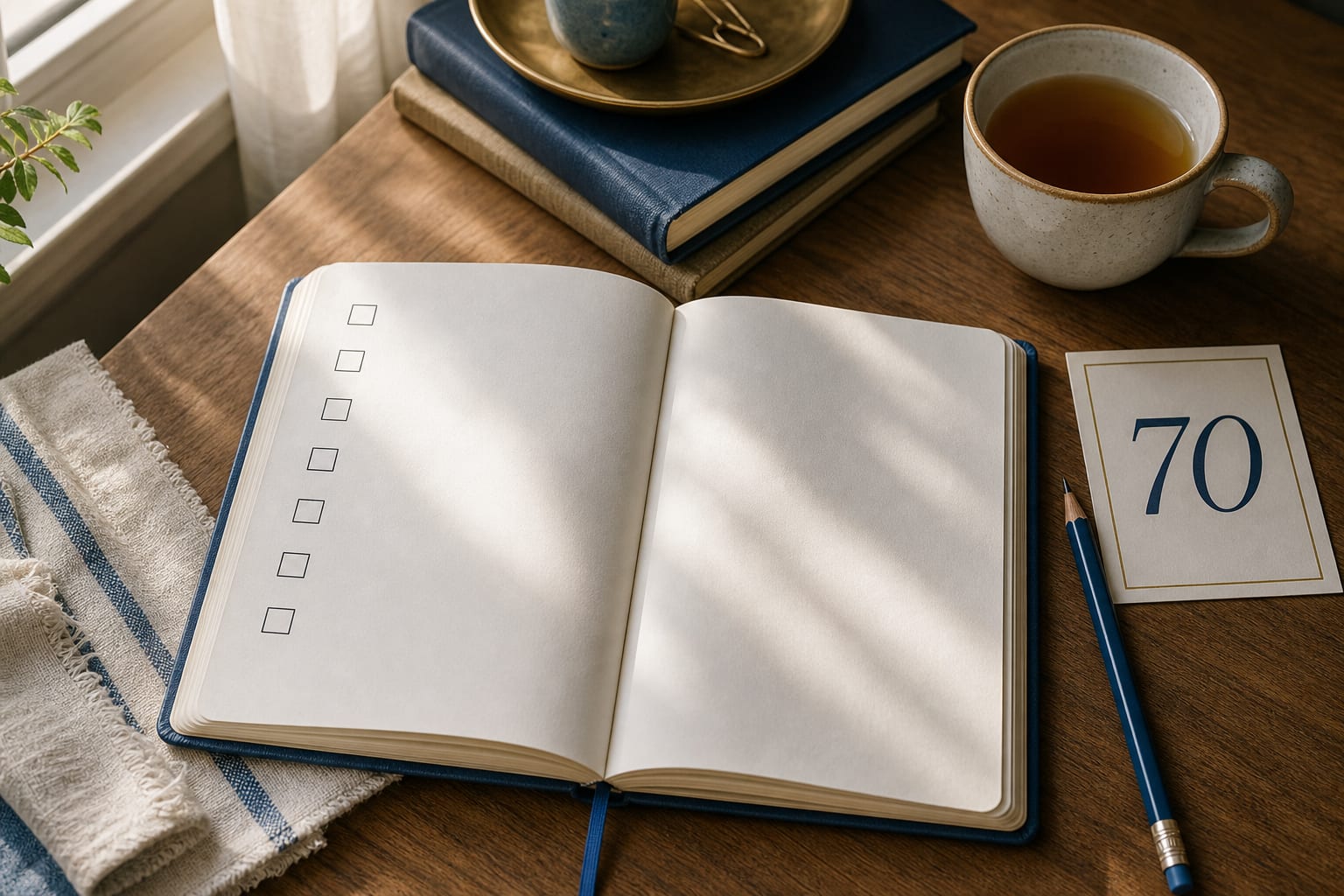 Open journal with seven empty check boxes and a card marked 70