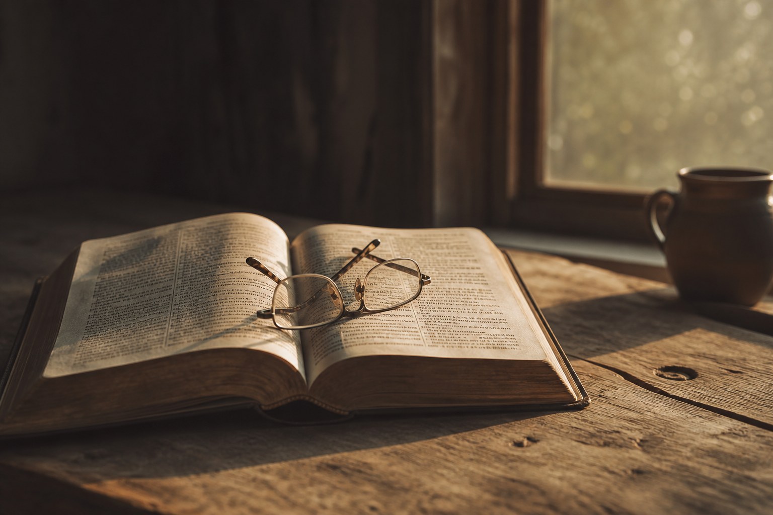 An old book lying open on a worn wooden table in late afternoon light, a pair of folded reading glasses resting across the page