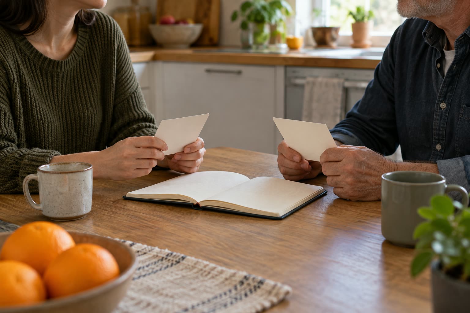 Two people at a kitchen table comparing written observations during a calm conversation