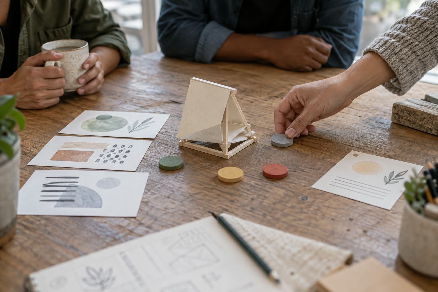 A small creative prototype being reviewed beside research cards and a dated action note