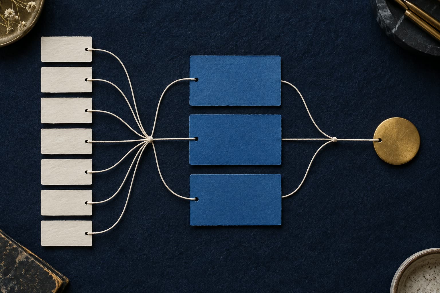 A notebook sequence showing seven observations becoming three clear statements and one circled next step