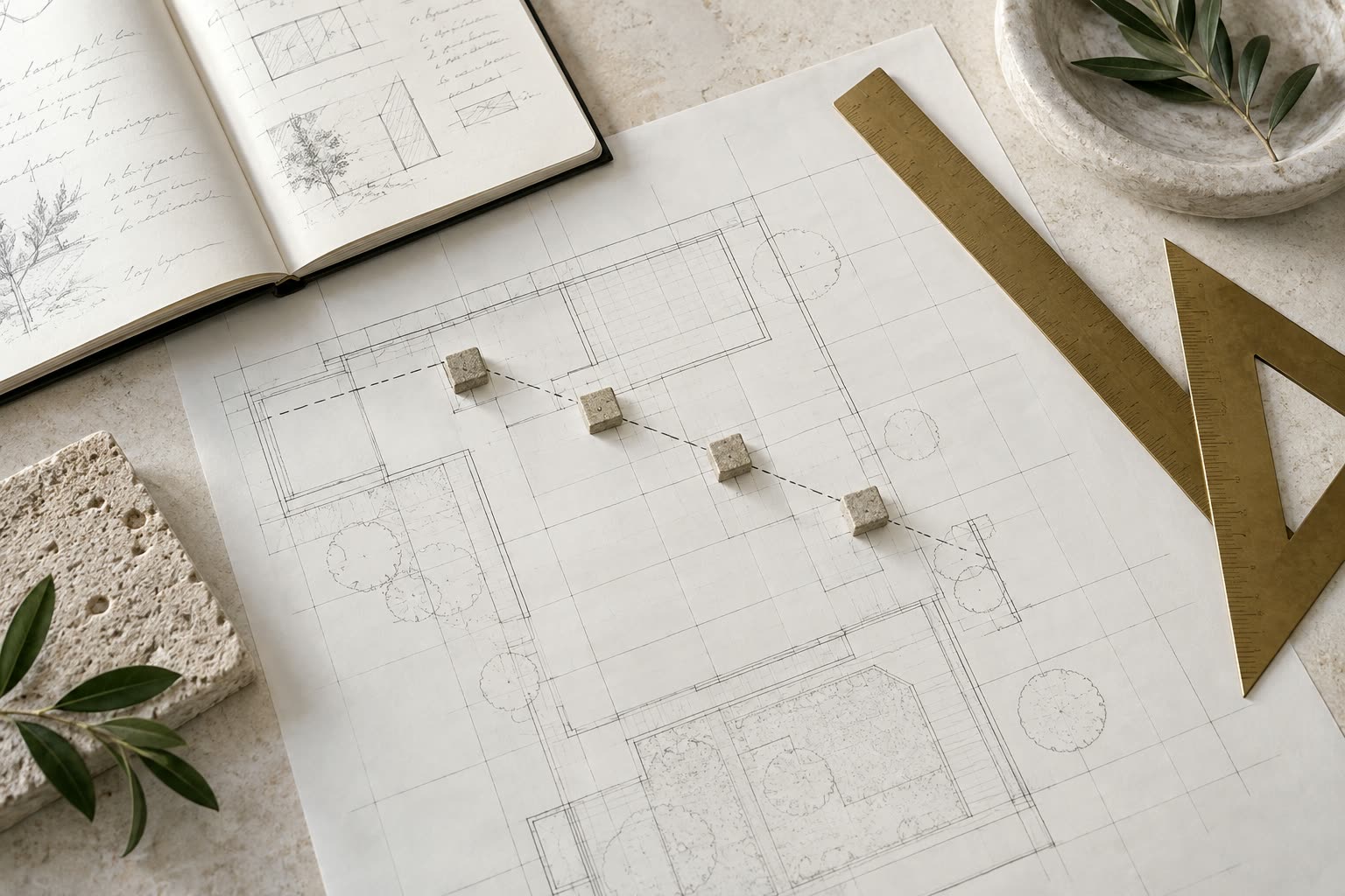 A pencil floor plan on a stone table with four small stone cubes joined by a dashed line, next to an open sketchbook, a brass ruler and a set square