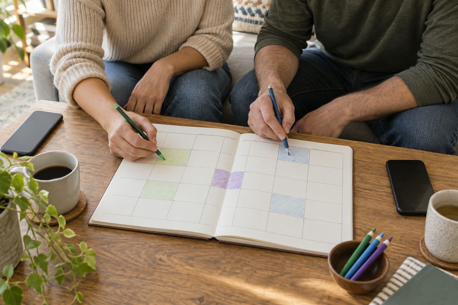 Two people on a sofa shading squares in a shared weekly planner with green and blue pencils, with phones, mugs and a plant on the table