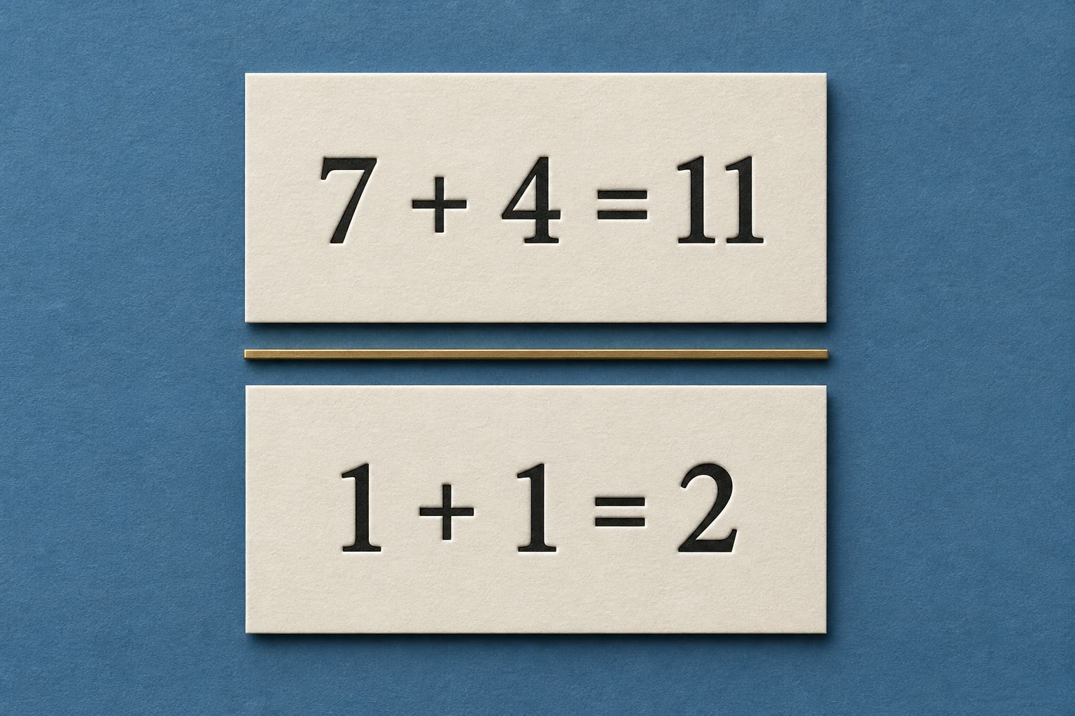 Two cream cards on a blue background, one printed 7 + 4 = 11 and the other 1 + 1 = 2, separated by a thin gold bar
