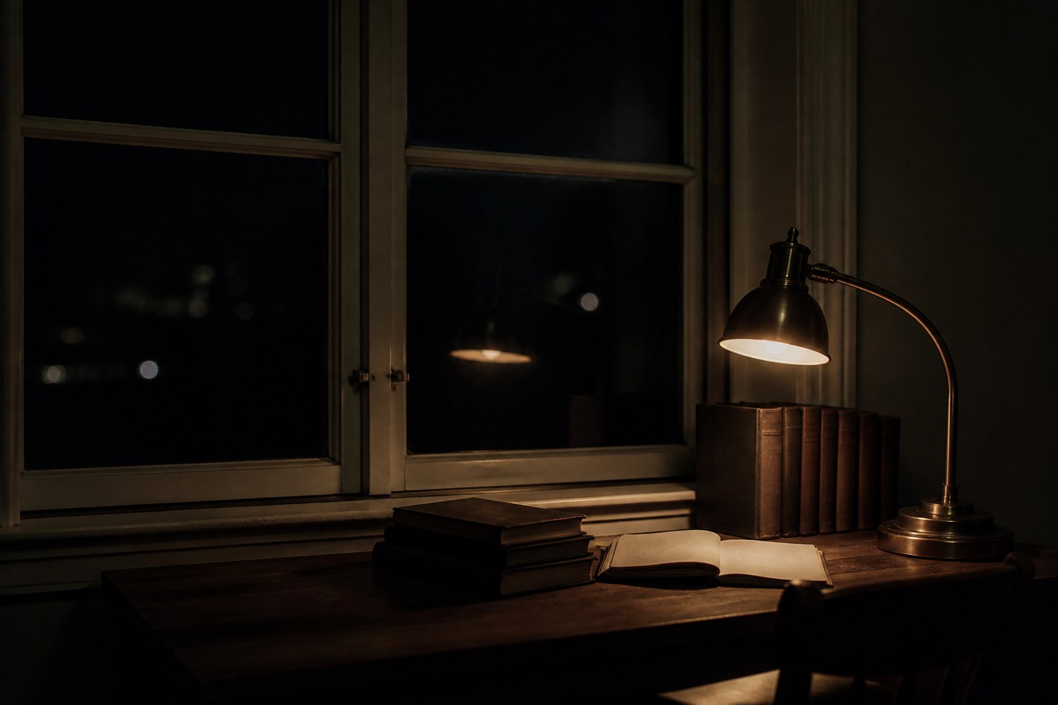 A study window at night with a desk lamp reflected in the black glass