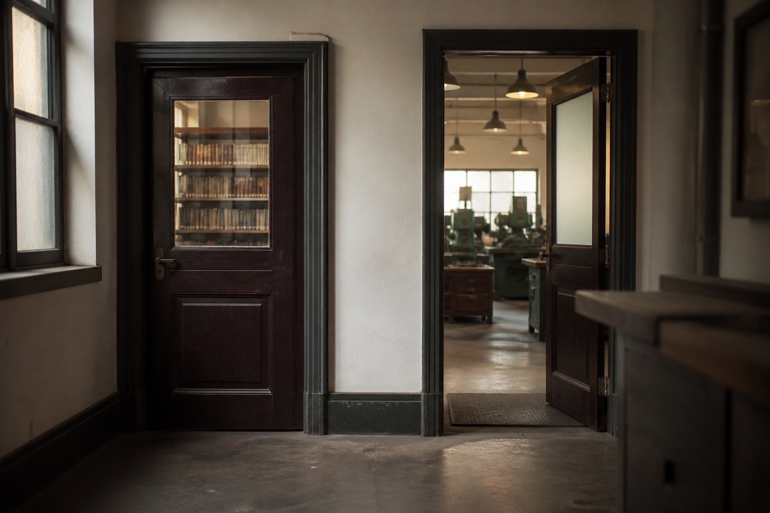 A closed reading room door beside a working machine shop door in the same corridor