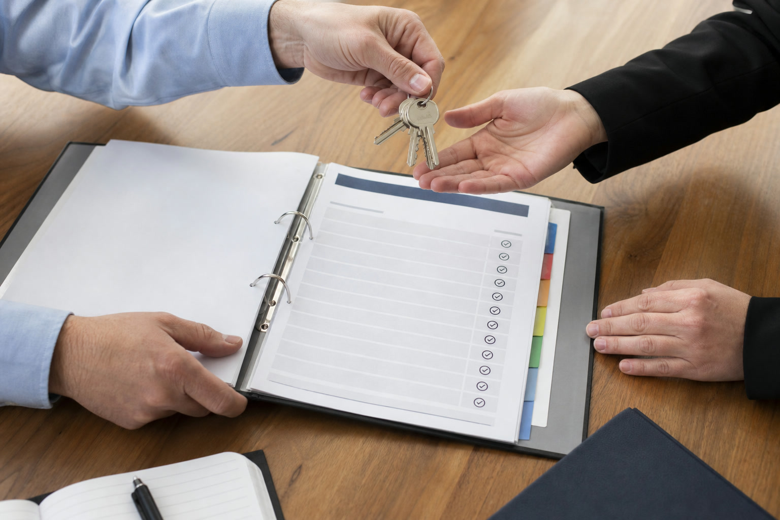 Two people reviewing a project handoff binder with responsibilities and completion dates