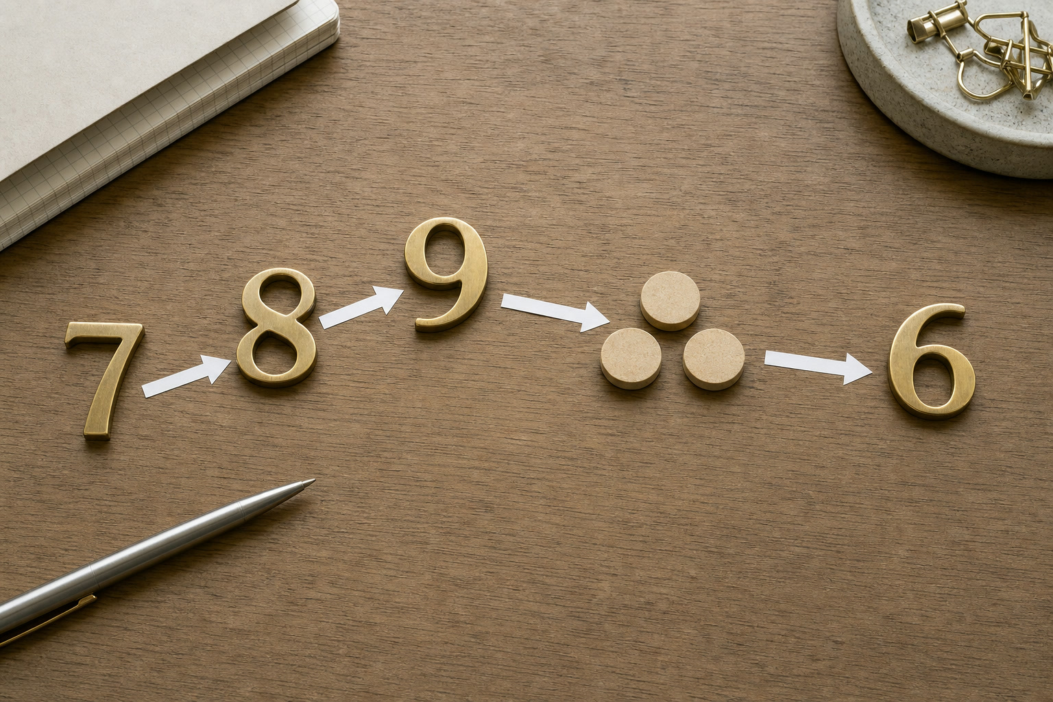 Three-stage worksheet showing 7 as insight, 8 as usable result, 9 as release, and 24 reducing to 6