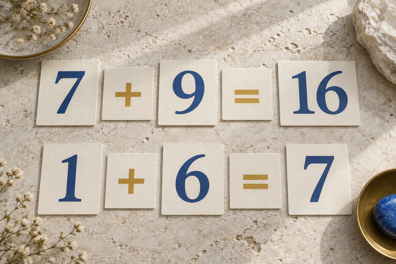 Cream cards on a travertine surface spelling 7 + 9 = 16 on the top row and 1 + 6 = 7 below, in blue numerals with gold signs