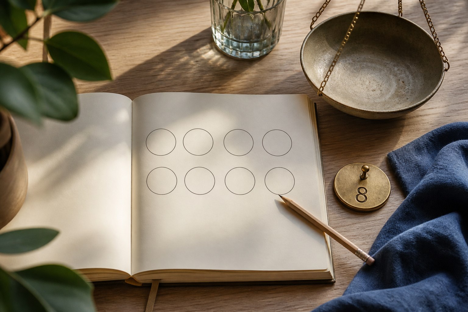Blank accountability notebook with a brass marker numbered 8