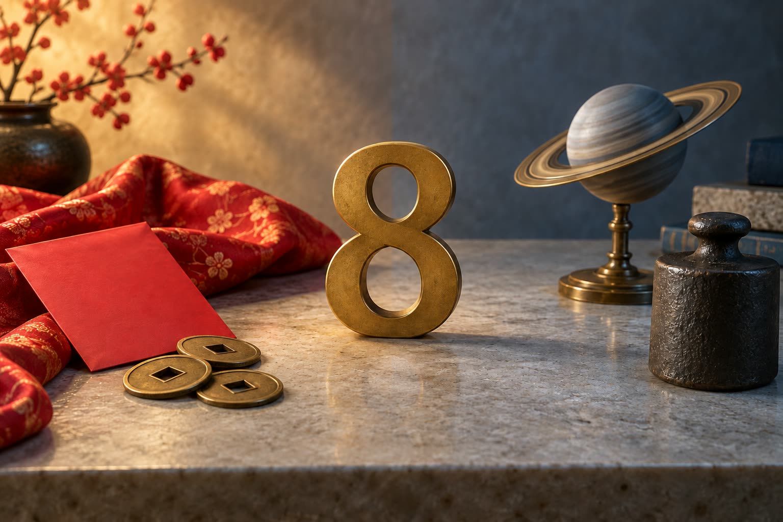 Brass number 8 between a red envelope and blank square-holed tokens on one side and a ringed-planet model with an iron weight on the other